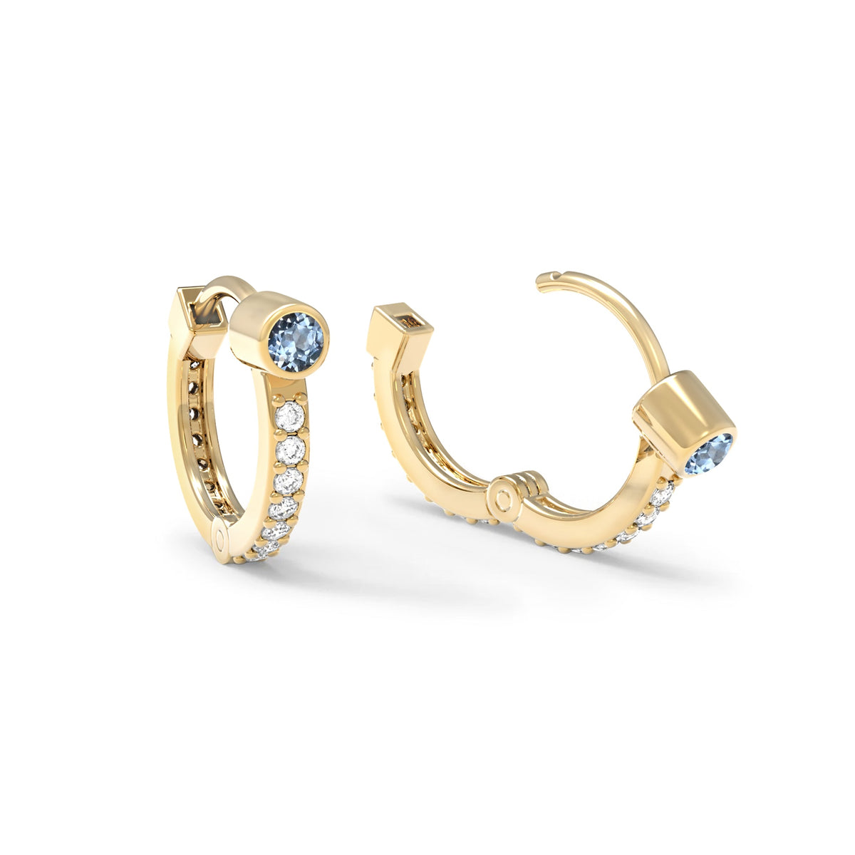 Aquamarine Medium Huggie Hoops with Diamonds in 14k Gold (March)