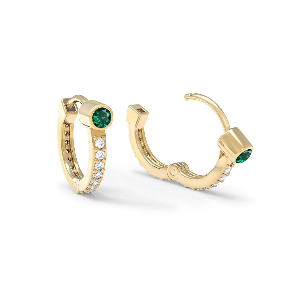 Emerald Medium Huggie Hoops with Diamonds in 14k Gold (May)