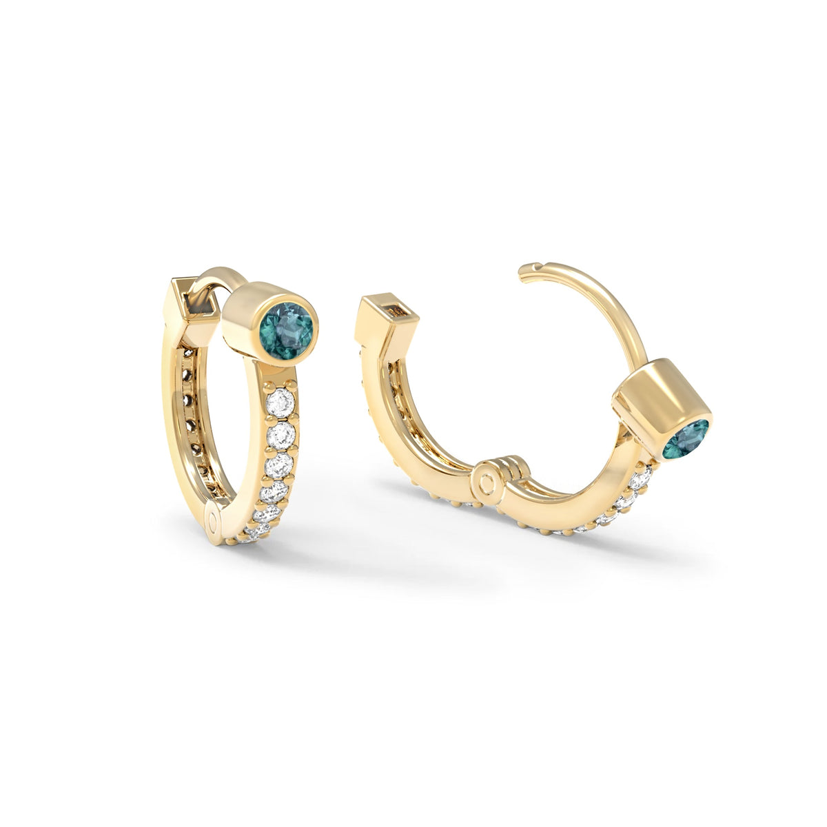 Alexandrite Medium Huggie Hoops with Diamonds in 14k Gold (June)