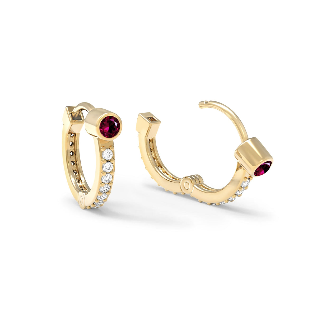 Ruby Medium Huggie Hoops with Diamonds in 14k Gold (July)
