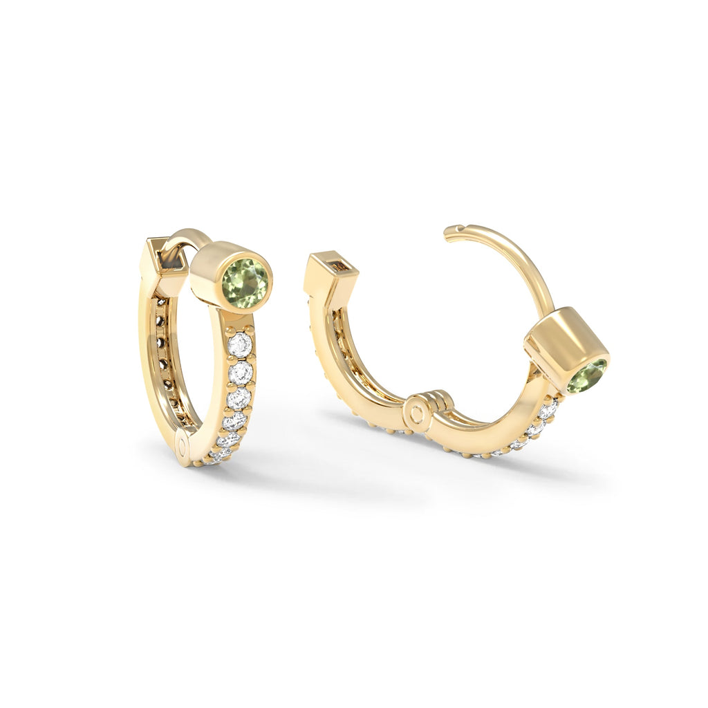 Peridot Medium Huggie Hoops with Diamonds in 14k Gold (August)