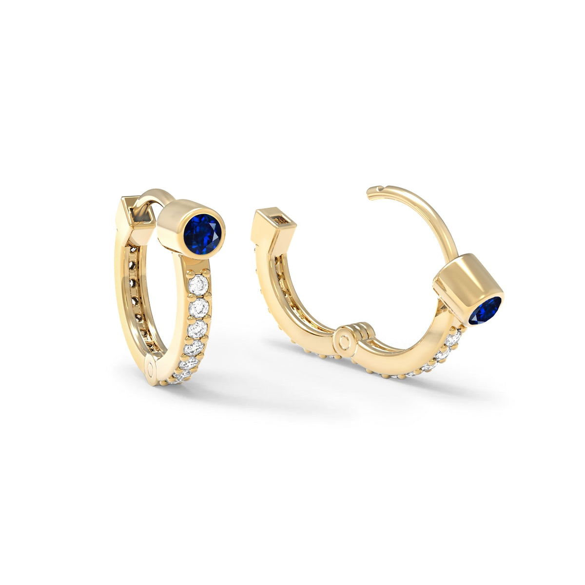 Sapphire Medium Huggie Hoops with Diamonds in 14k Gold (September)