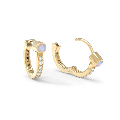 Opal Medium Huggie Hoops with Diamonds in 14k Gold (October)