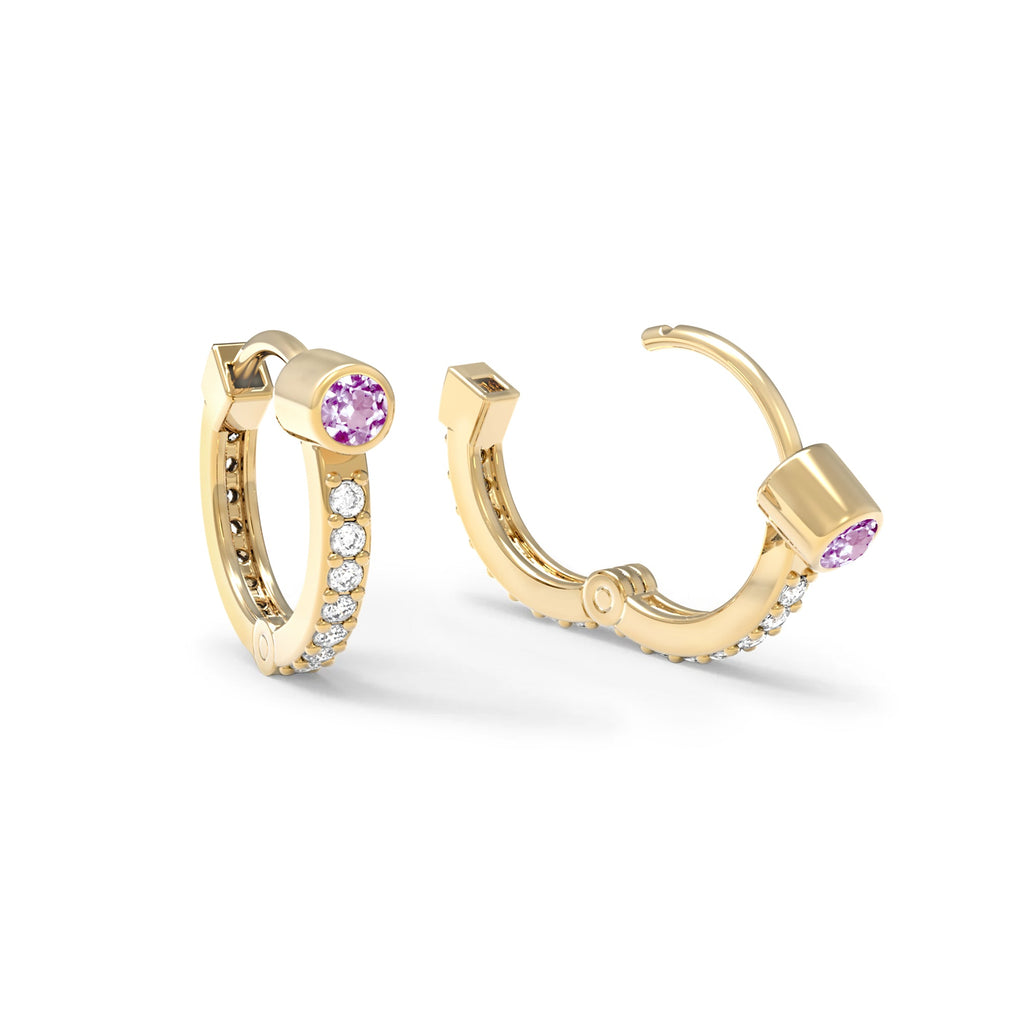 Pink Sapphire Medium Huggie Hoops with Diamonds in 14k Gold (October)