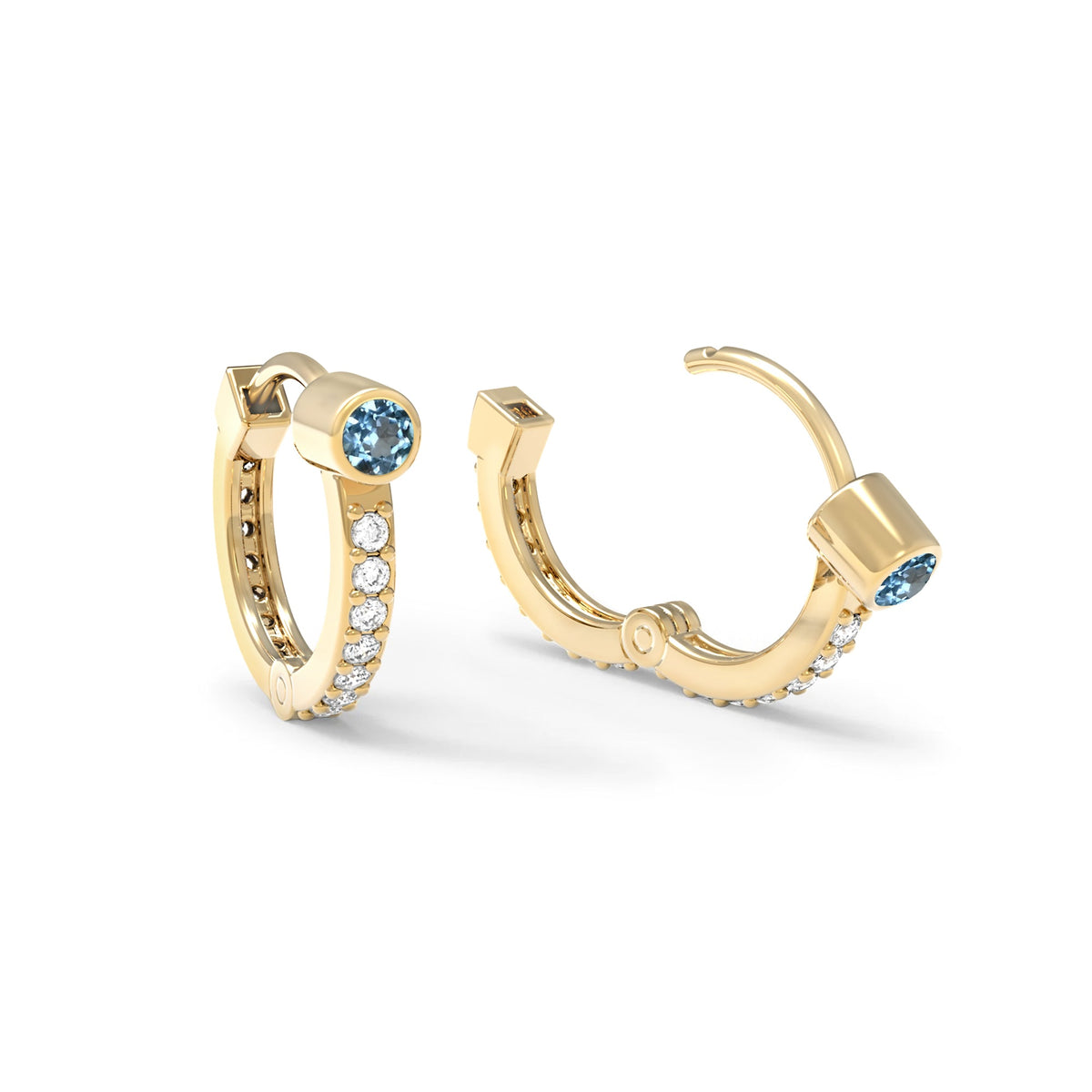 Nantucket Blue Topaz Medium Huggie Hoops with Diamonds in 14k Gold (December)