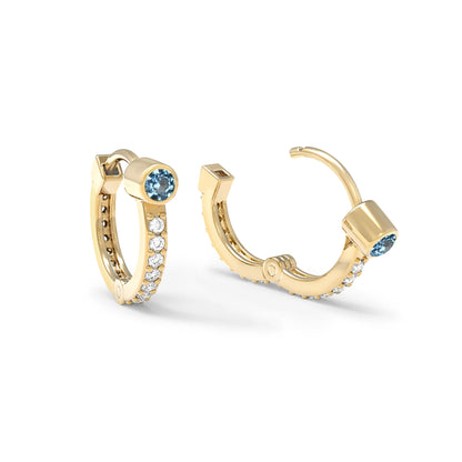Nantucket Blue Topaz Medium Huggie Hoops with Diamonds in 14k Gold (December)