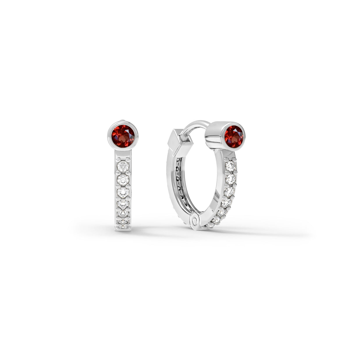 Garnet Medium Huggie Hoops with Diamonds in 14k Gold (January)
