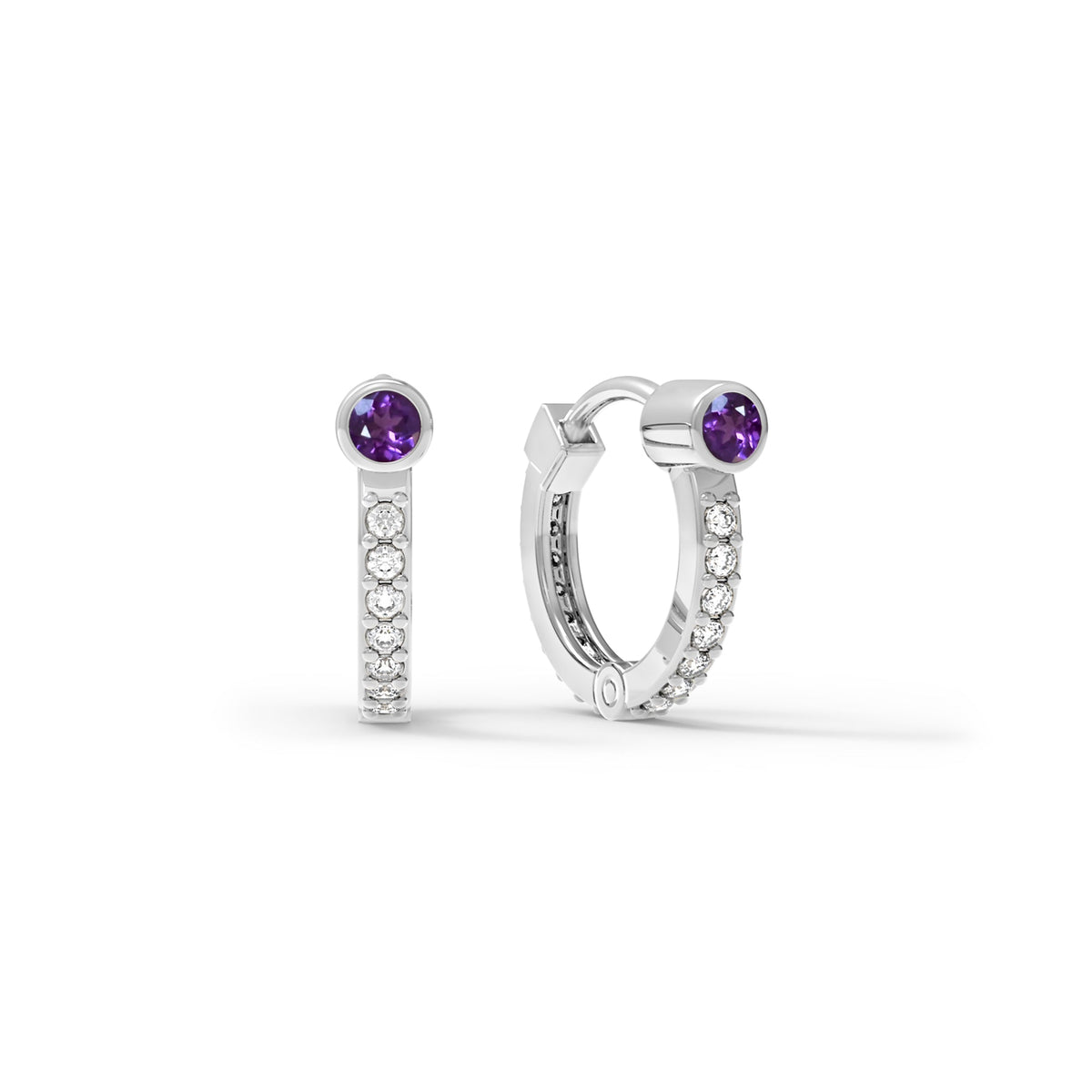 Amethyst Medium Huggie Hoops with Diamonds in 14k Gold (February)