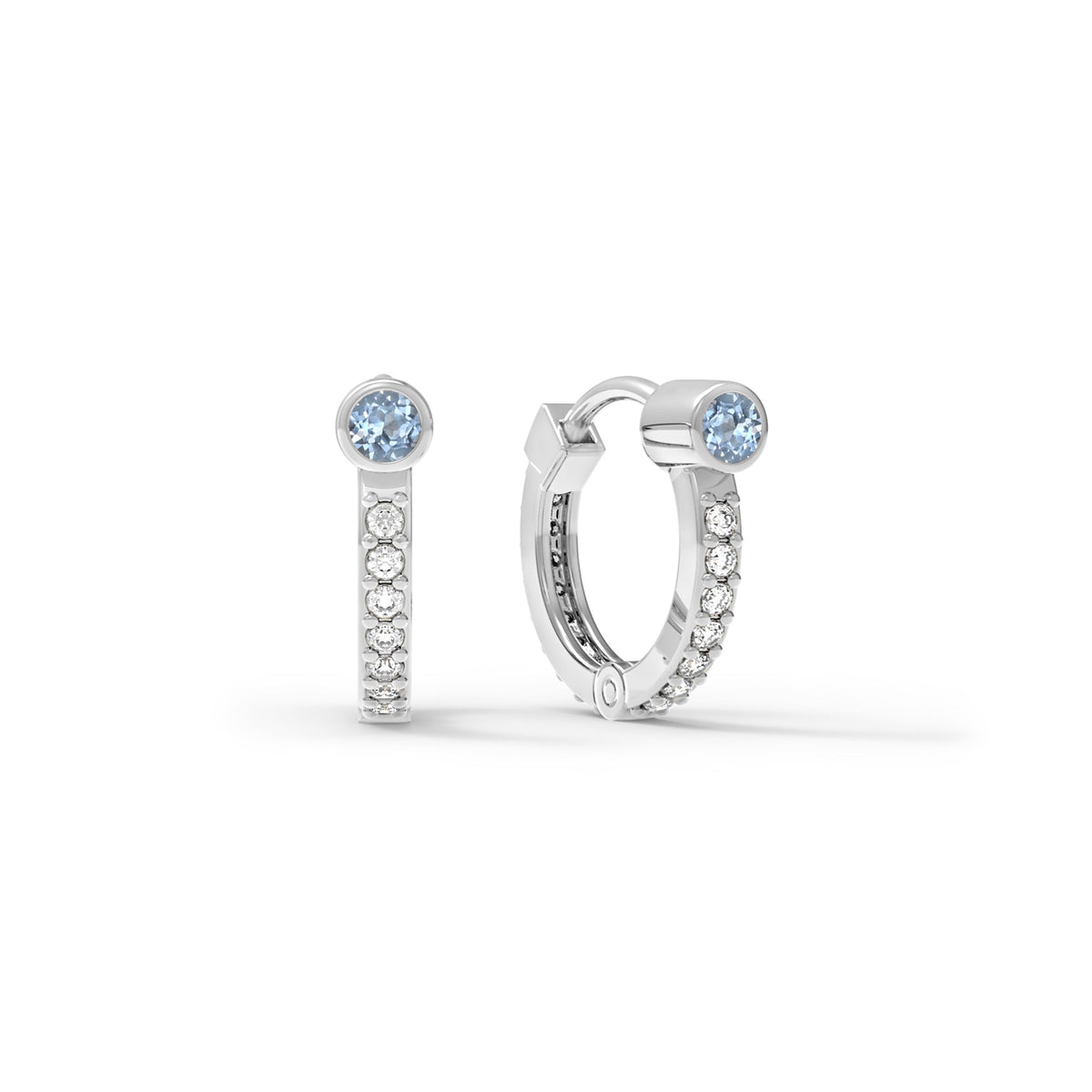 Aquamarine Medium Huggie Hoops with Diamonds in 14k Gold (March)