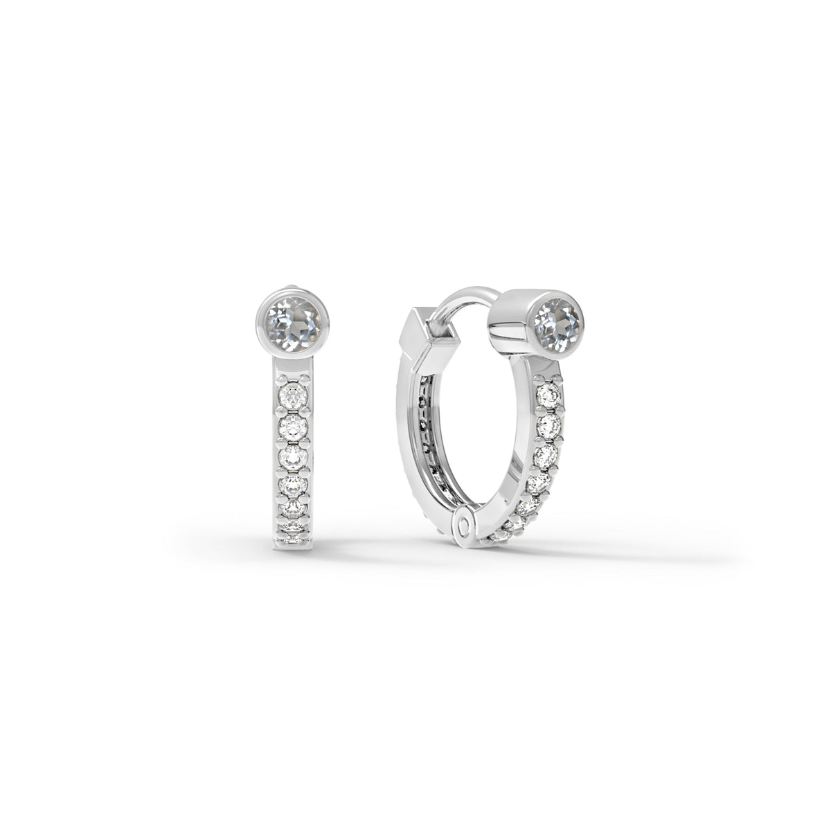 White Topaz Medium Huggie Hoops with Diamonds in 14k Gold (April)