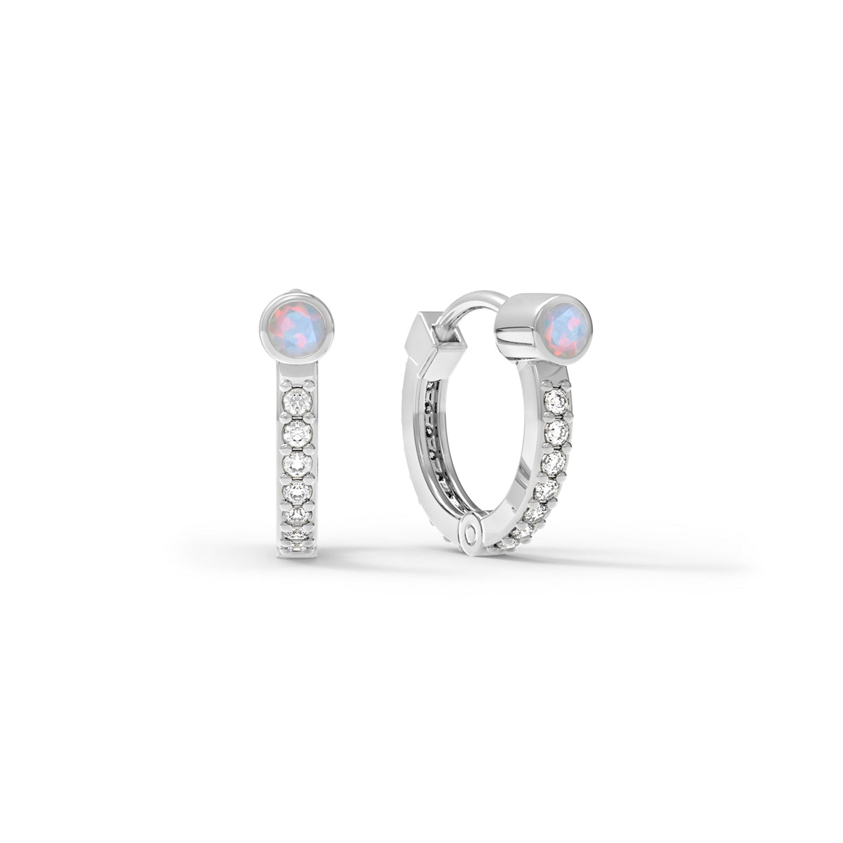 Opal Medium Huggie Hoops with Diamonds in 14k Gold (October)