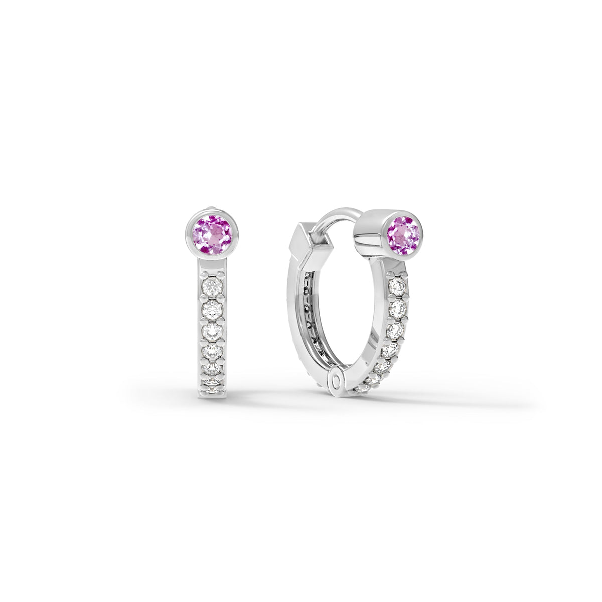 Pink Sapphire Medium Huggie Hoops with Diamonds in 14k Gold (October)