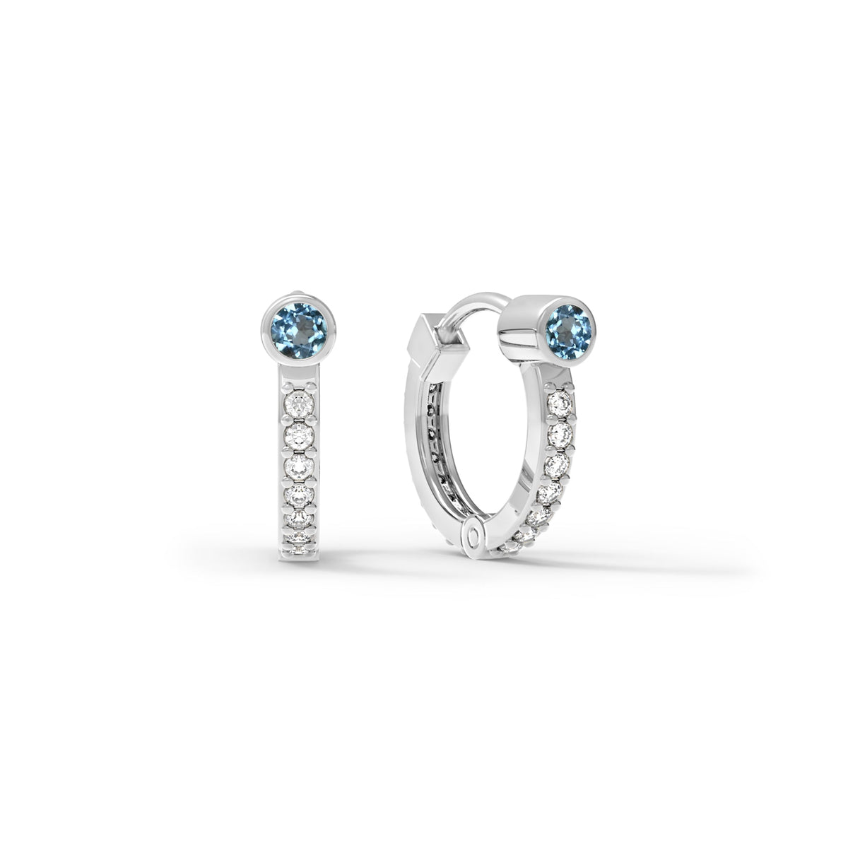Nantucket Blue Topaz Medium Huggie Hoops with Diamonds in 14k Gold (December)
