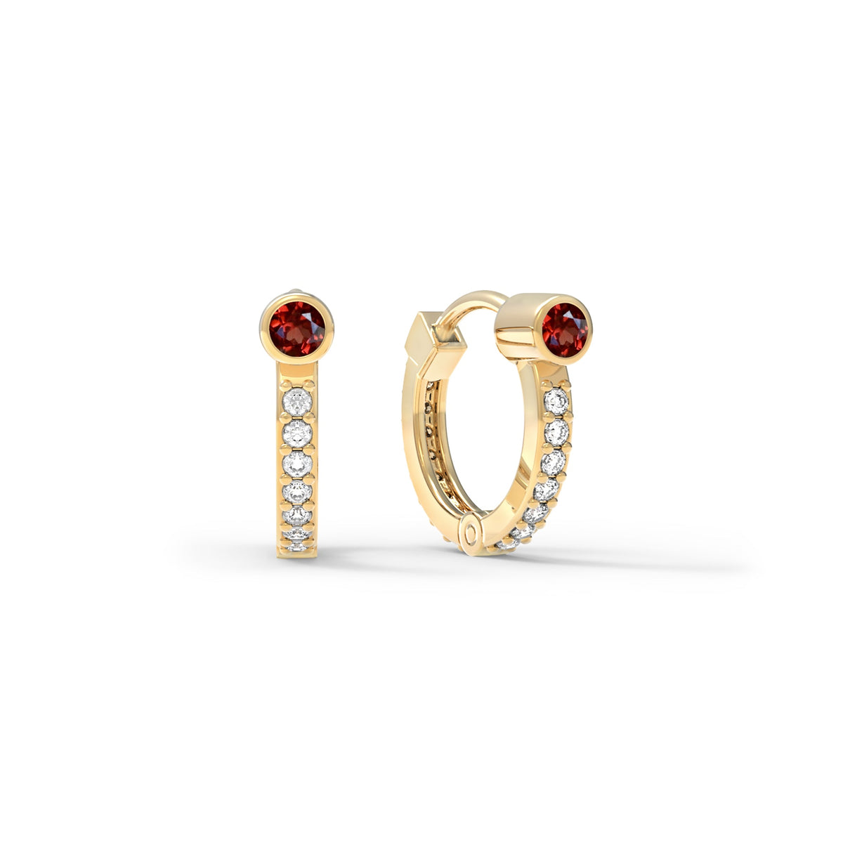 Garnet Medium Huggie Hoops with Diamonds in 14k Gold (January)