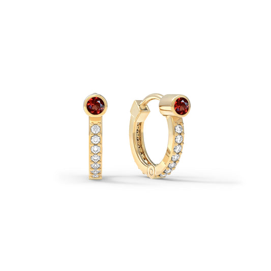 Garnet Medium Huggie Hoops with Diamonds in 14k Gold (January)