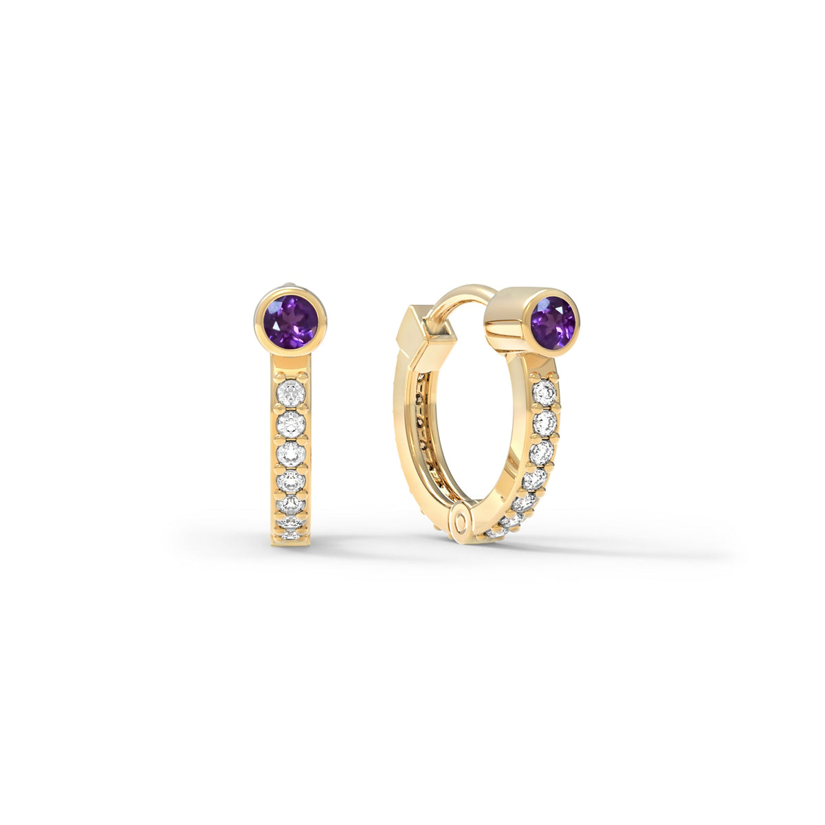 Amethyst Medium Huggie Hoops with Diamonds in 14k Gold (February)