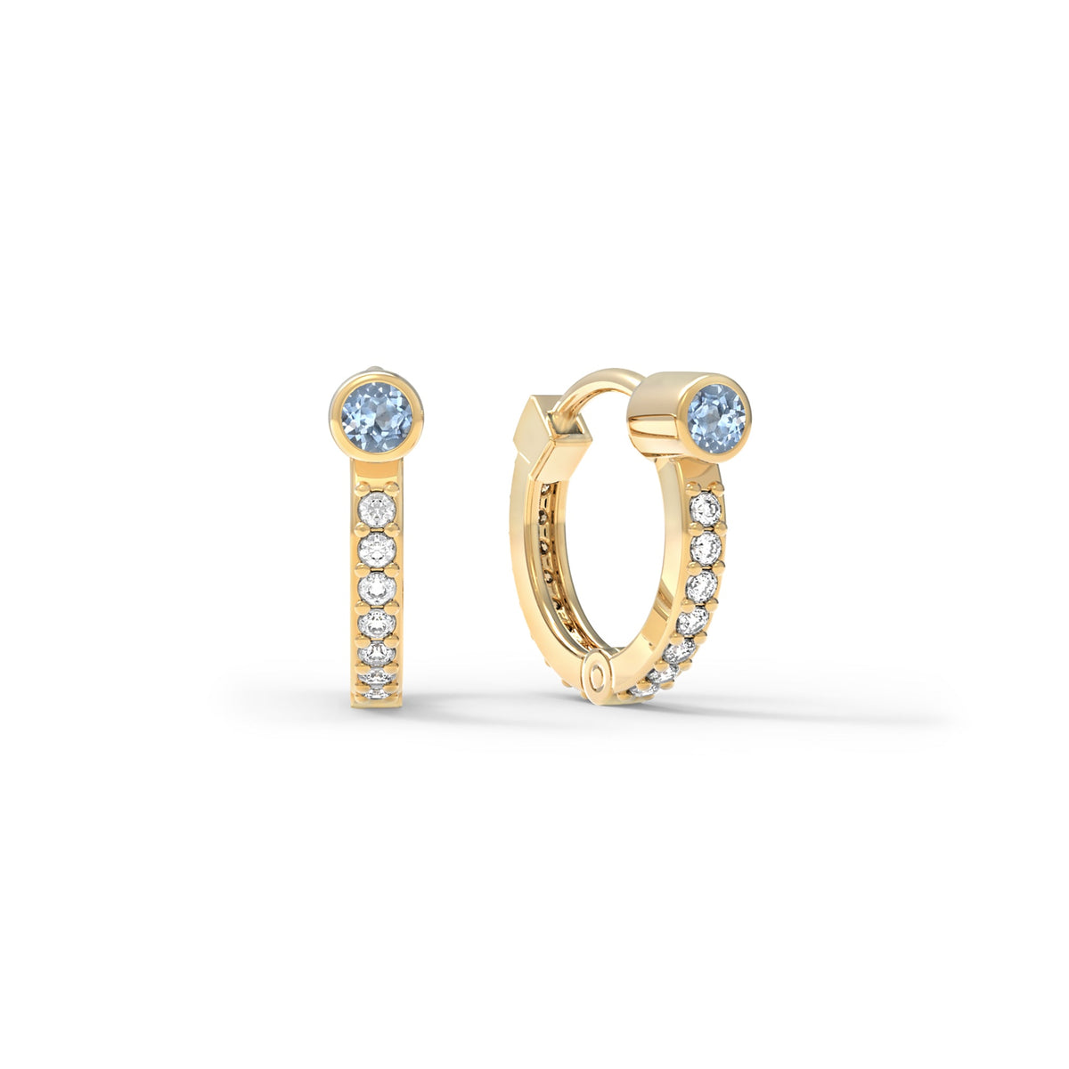 Aquamarine Medium Huggie Hoops with Diamonds in 14k Gold (March)