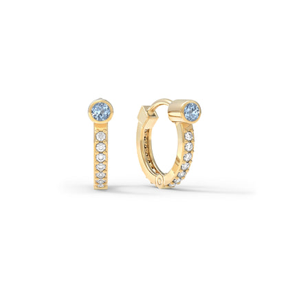 Aquamarine Medium Huggie Hoops with Diamonds in 14k Gold (March)