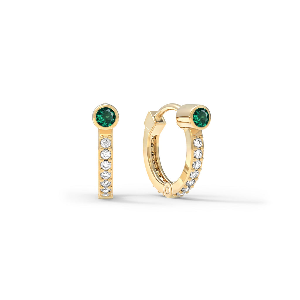Emerald Medium Huggie Hoops with Diamonds in 14k Gold (May)