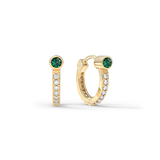 Emerald Medium Huggie Hoops with Diamonds in 14k Gold (May)