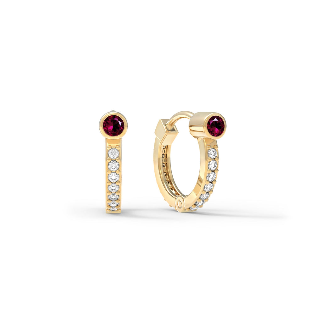 Ruby Medium Huggie Hoops with Diamonds in 14k Gold (July)