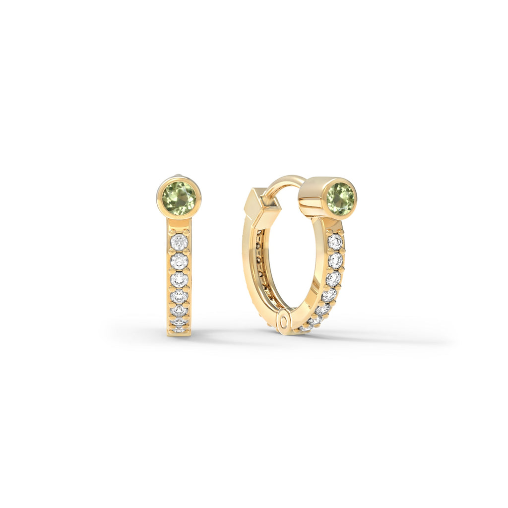 Peridot Medium Huggie Hoops with Diamonds in 14k Gold (August)