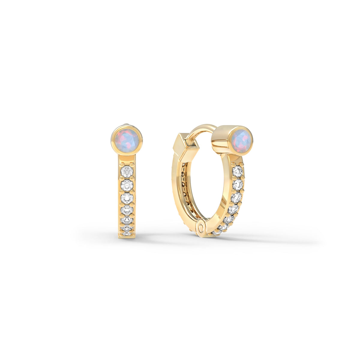 Opal Medium Huggie Hoops with Diamonds in 14k Gold (October)