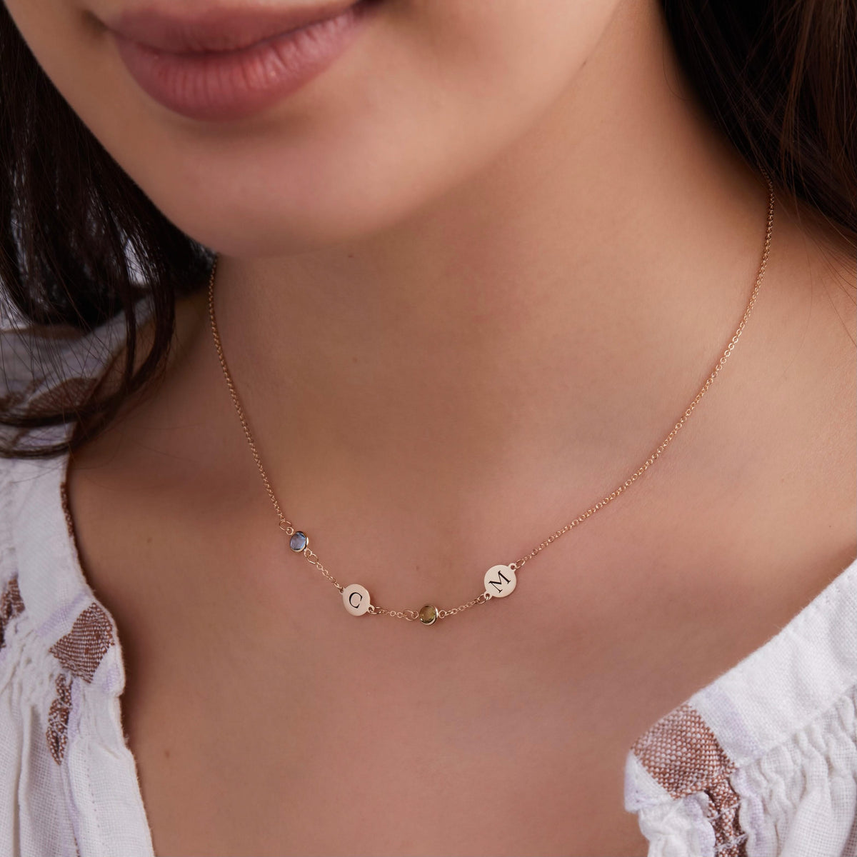 2 Letter & 2 Petite Birthstone Necklace in 14k Gold (Single Spacing)
