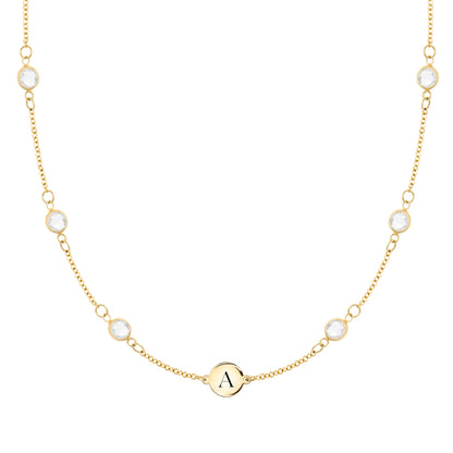 1 Letter & 6 Petite Birthstone Necklace in 14k Gold (Double Spacing)