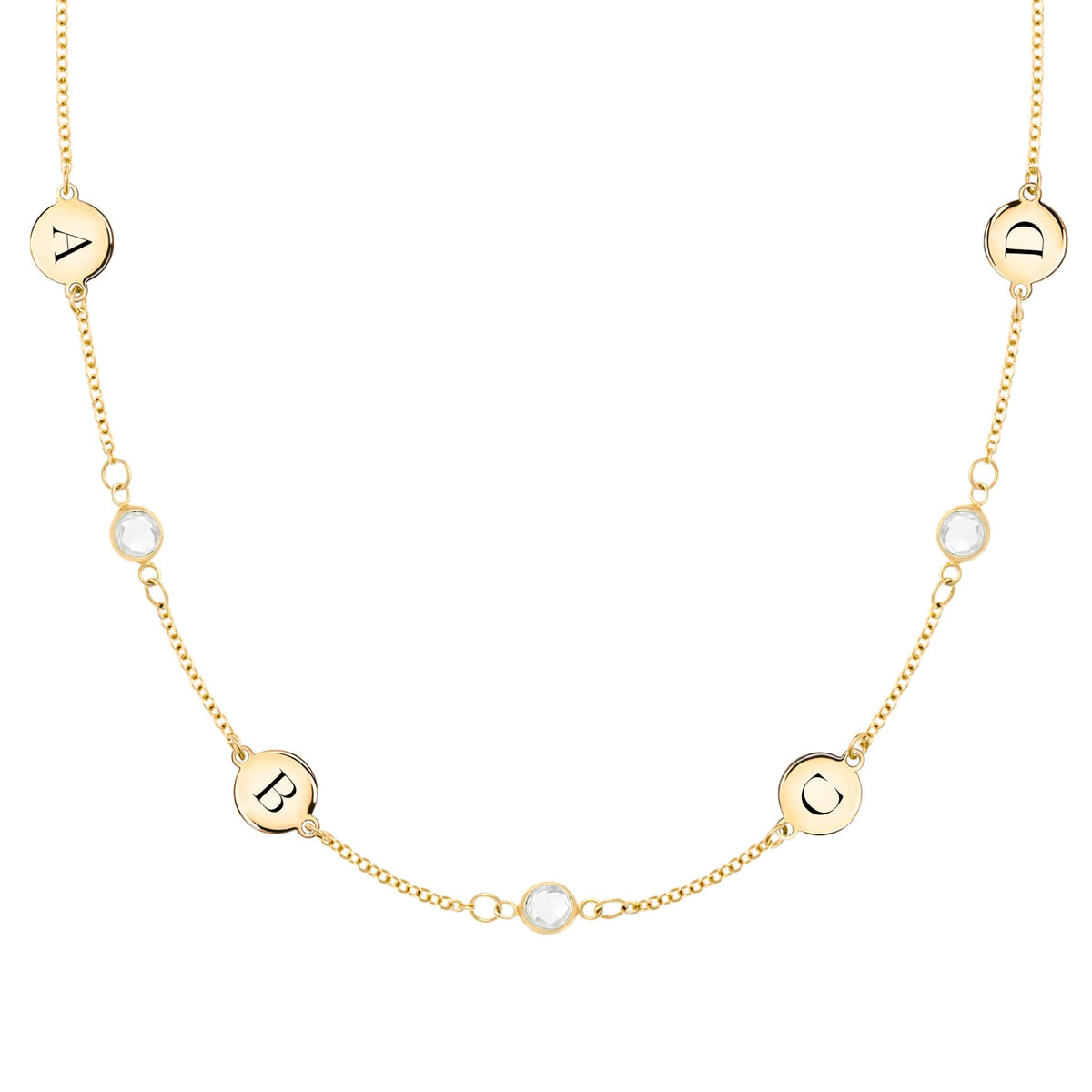 4 Letter & 3 Petite Birthstone Necklace in 14k Gold (Double Spacing)