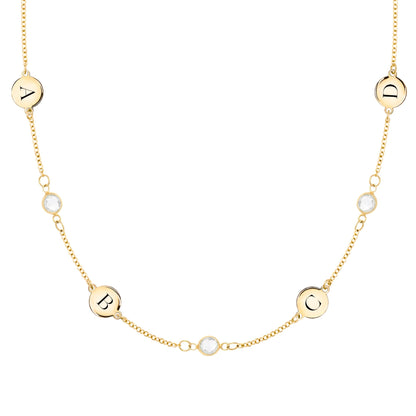4 Letter & 3 Petite Birthstone Necklace in 14k Gold (Double Spacing)