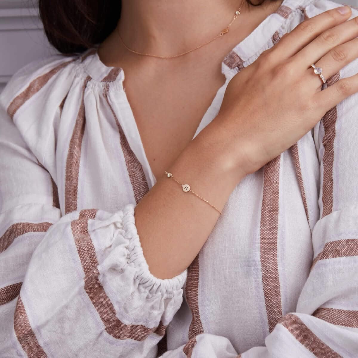 1 Letter & 1 Petite Opal Bracelet in 14k Gold  (October)