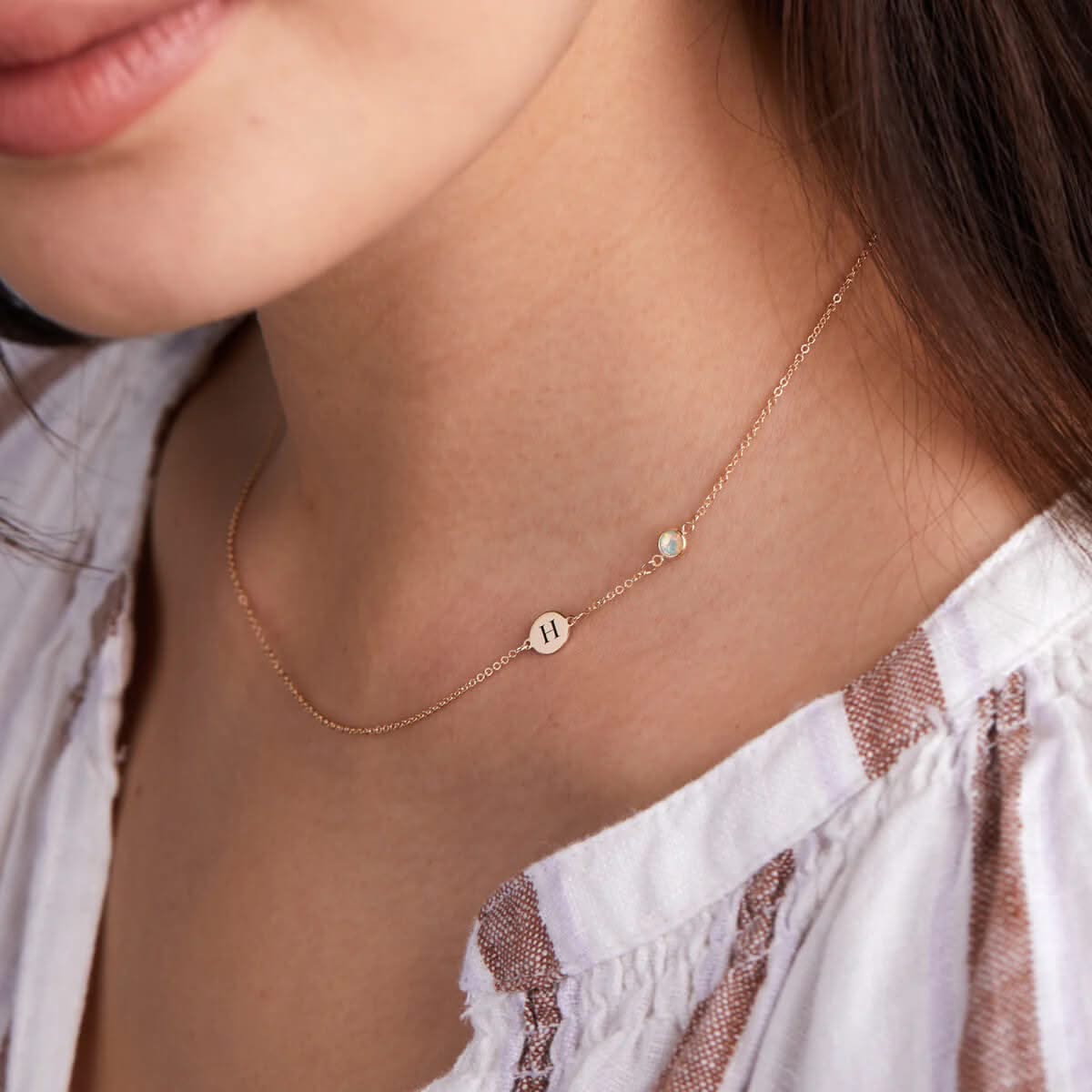 1 Letter & 1 Petite Opal Necklace in 14k Gold (October)