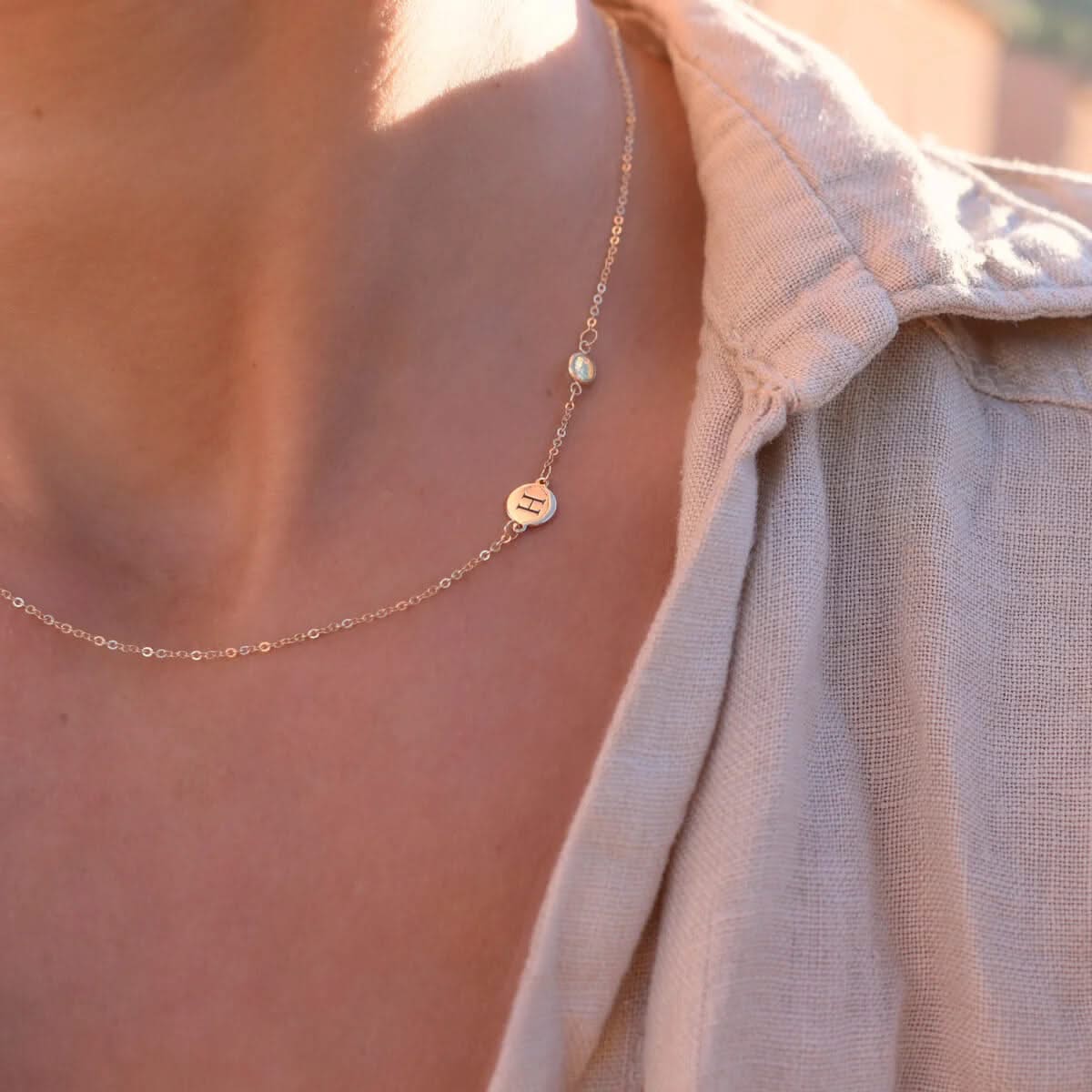 1 Letter & 1 Petite Opal Necklace in 14k Gold (October)