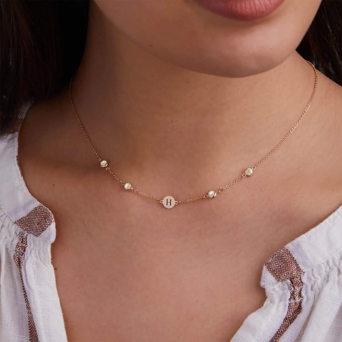 1 Letter & 4 Petite Opal Necklace in 14k Gold (October)