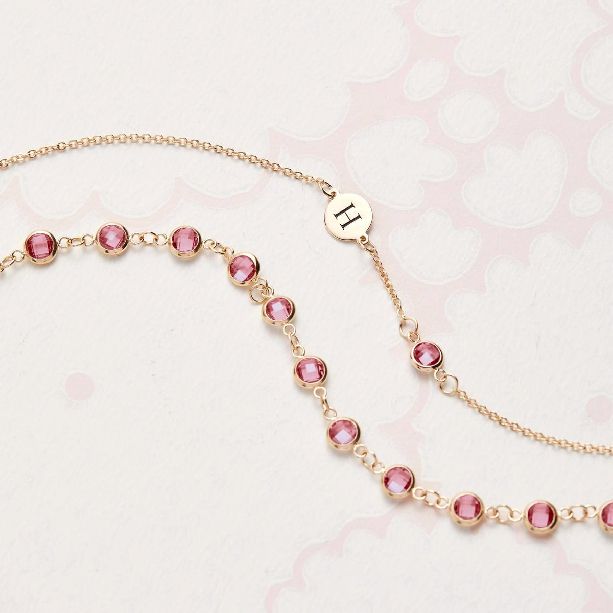 1 Letter & 1 Petite Pink Sapphire Necklace in 14k Gold (October)