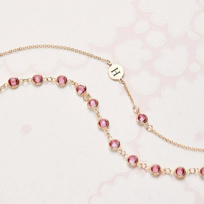 1 Letter & 1 Petite Pink Sapphire Necklace in 14k Gold (October)