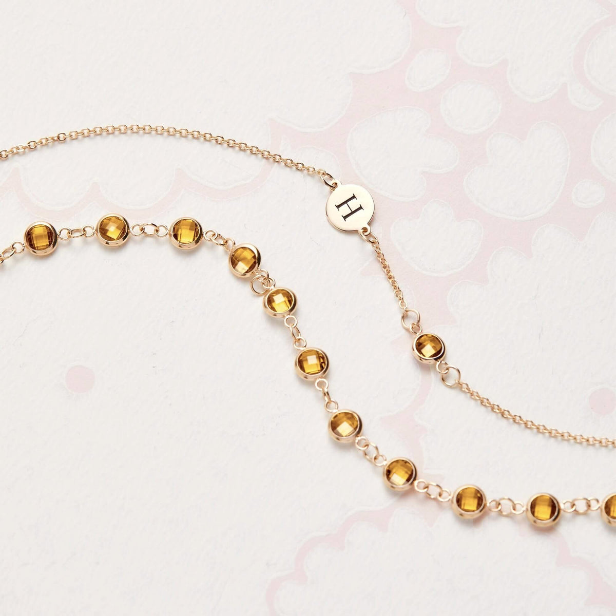 1 Letter & 1 Petite Citrine Necklace in 14k Gold (November)