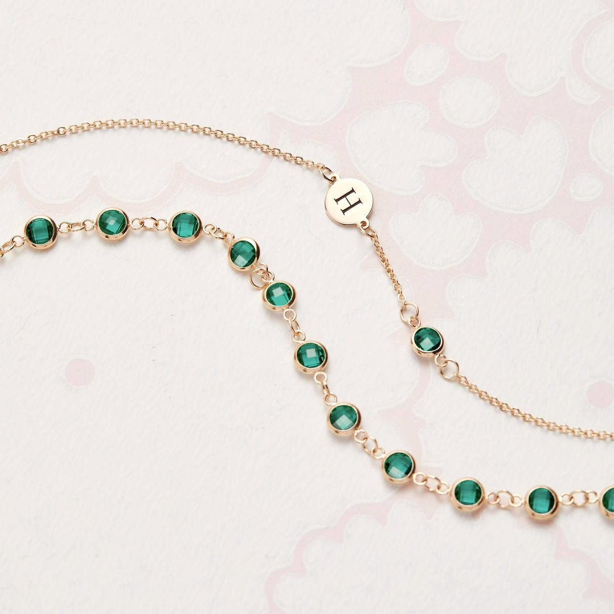 1 Letter & 1 Petite Emerald Necklace in 14k Gold (May)