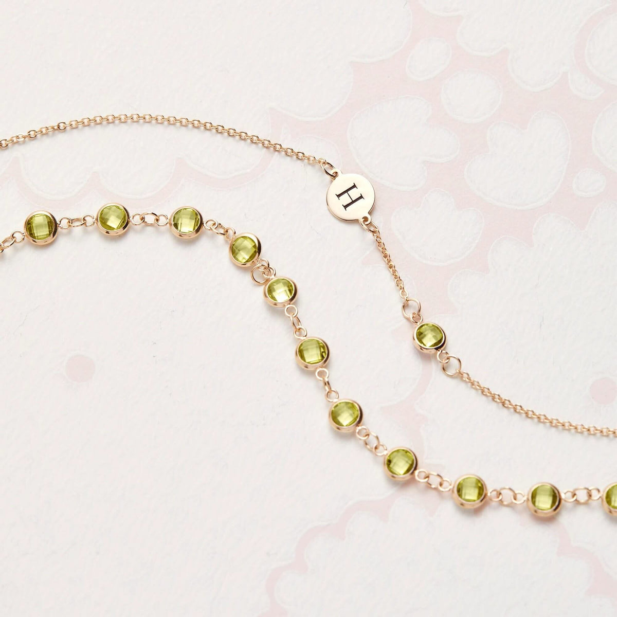1 Letter & 1 Petite Peridot Necklace in 14k Gold (August)