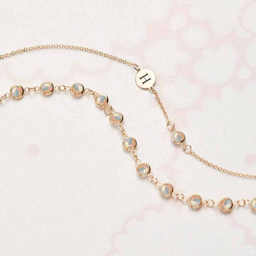 1 Letter & 1 Petite Opal Bracelet in 14k Gold  (October)