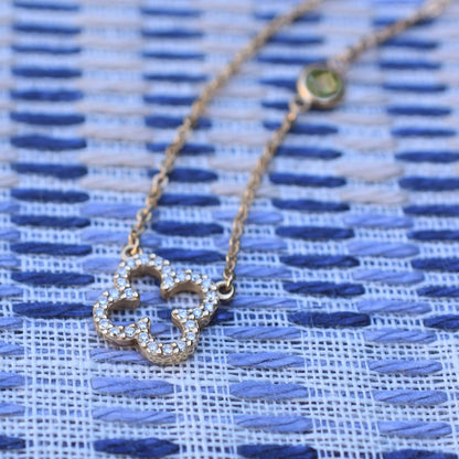 Diamond Clover & Peridot Necklace in 14k Gold (August)