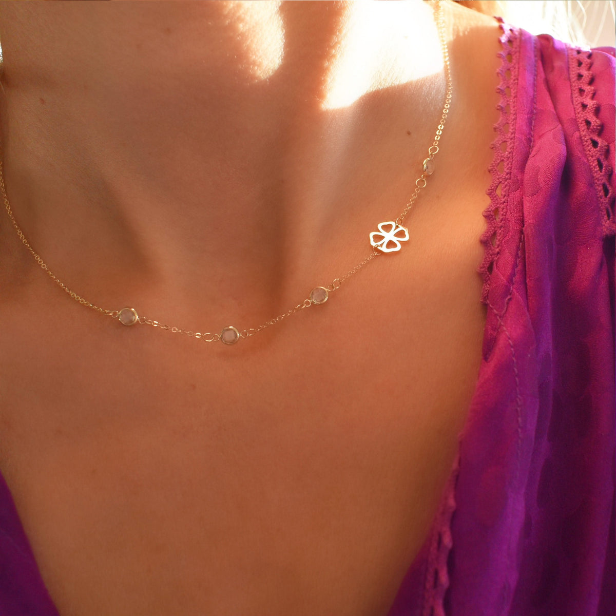 Clover & Petite 4 Birthstone Necklace in 14k Gold
