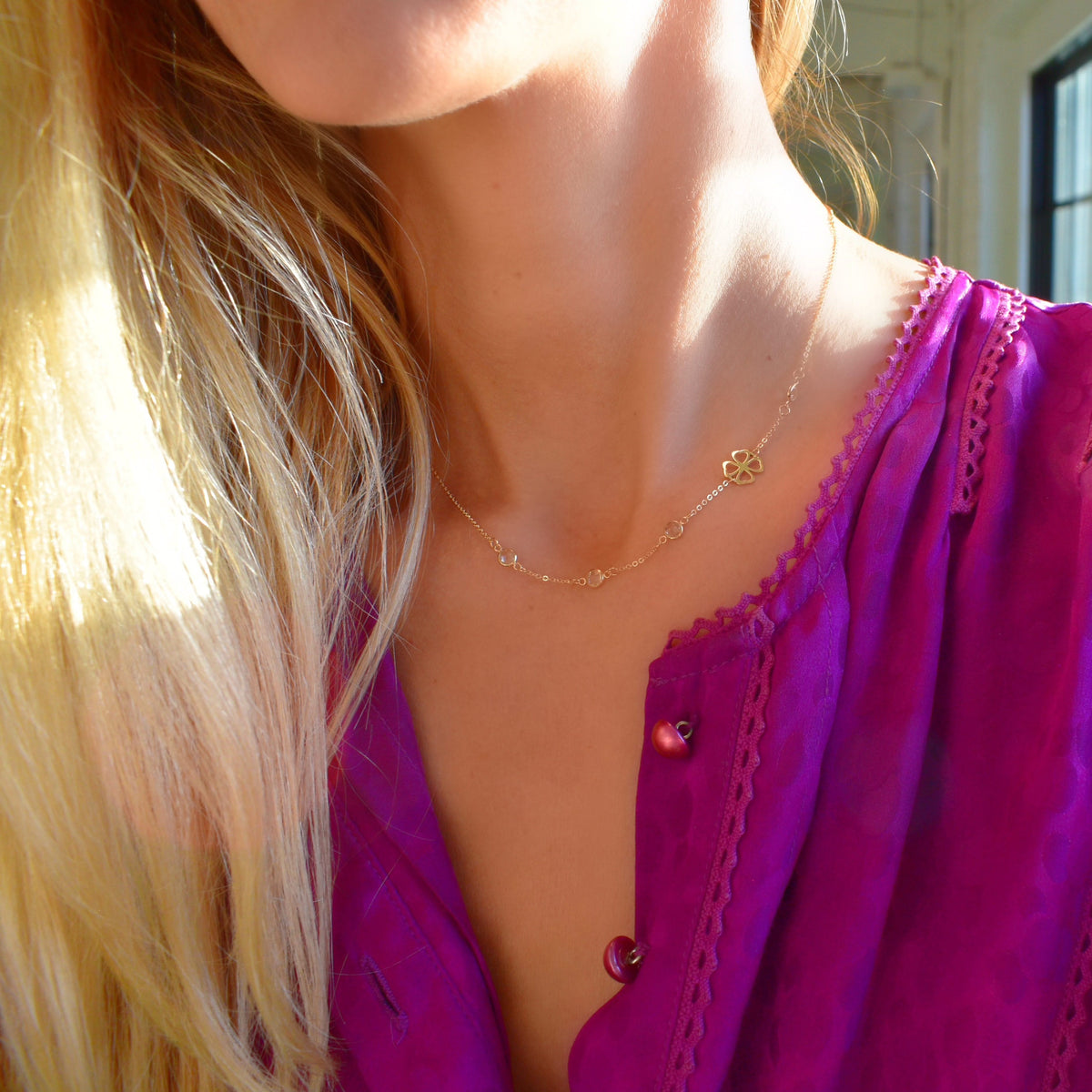 Clover & Petite 4 Birthstone Necklace in 14k Gold