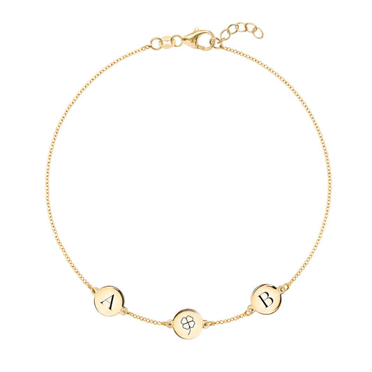 Clover Disc & 2 Letter Bracelet in 14k Gold