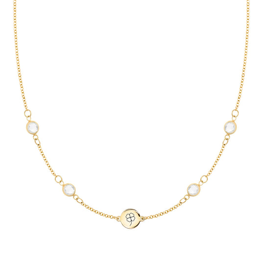 Clover Disc & Petite 4 Birthstone Necklace in 14k Gold