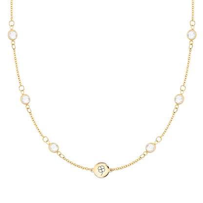 Clover Disc & Petite 6 Birthstone Necklace in 14k Gold