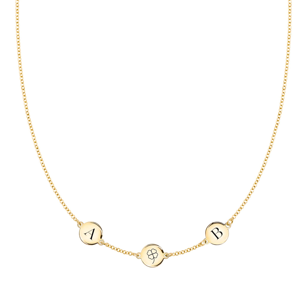 Clover Disc & 2 Letter Necklace in 14k Gold