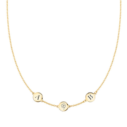 Clover Disc & 2 Letter Necklace in 14k Gold