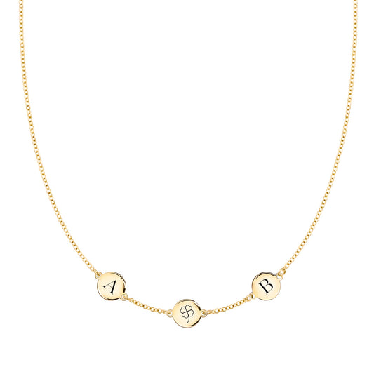 Clover Disc & 2 Letter Necklace in 14k Gold